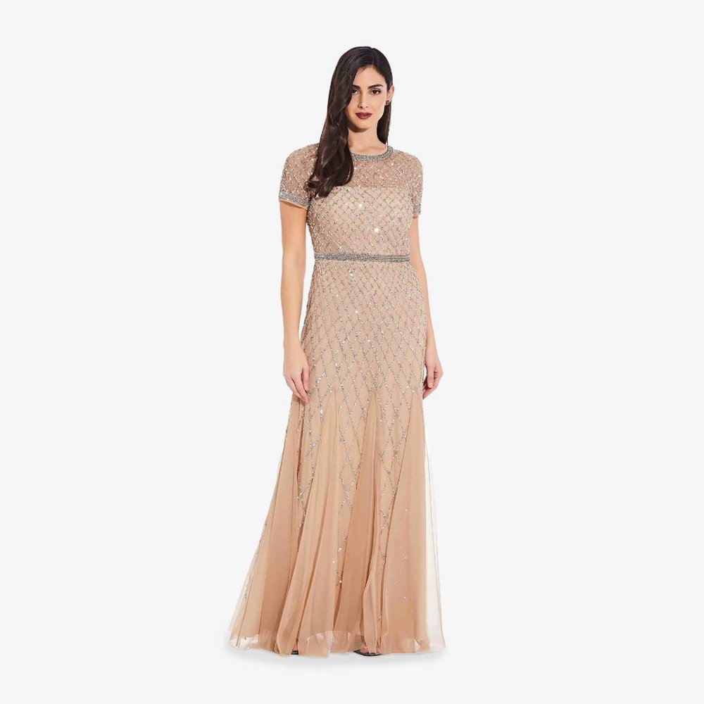 Adrianna Papell Cap Sleeve Beaded Gown in Champagne